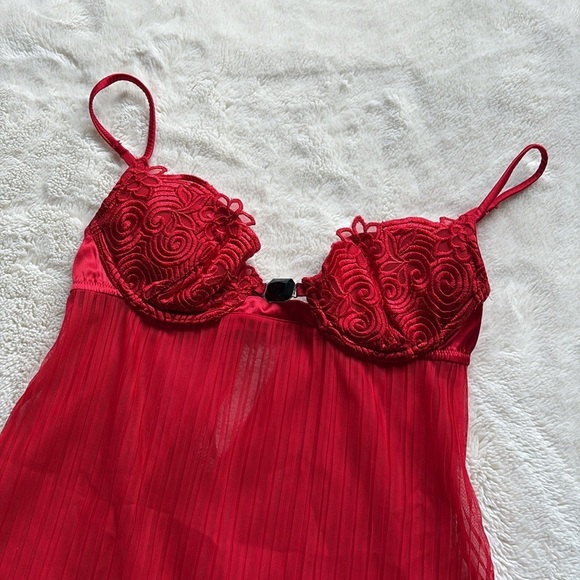 La Senza Y2K Red Sheer Babydoll Lingerie Pleated Mesh & Lace Bust Detail Small - Picture 2 of 6